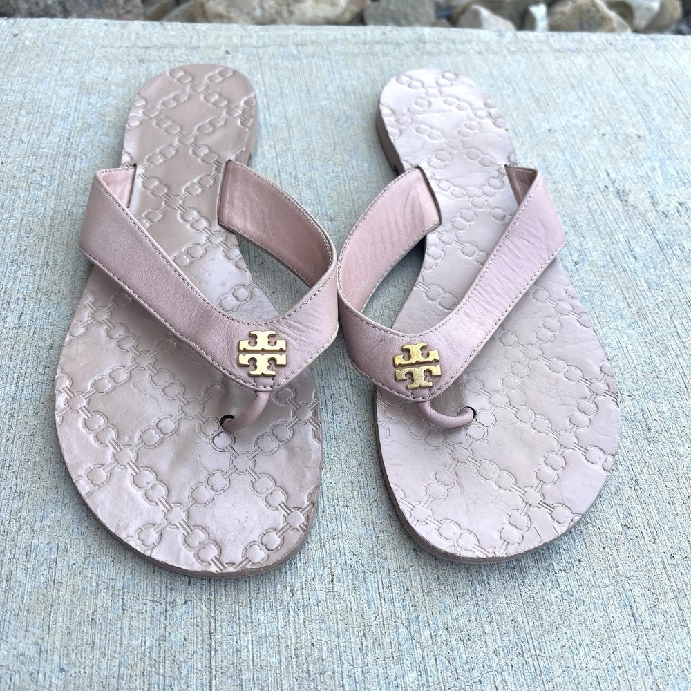 Tory Burch Monroe Women's Leather Flip Flops Sandals TT Logo Size 8.5 Blush Pink